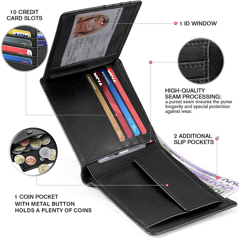 100% Genuine Leather RFID Blocking Slim Trifold Men Wallets with Coin