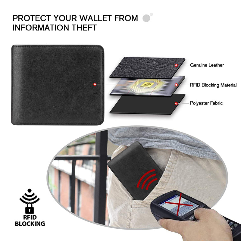 100% Genuine Leather RFID Blocking Slim Trifold Men Wallets with Coin