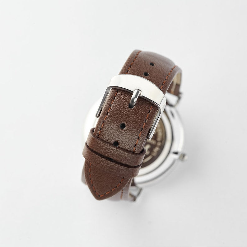 Stainless steel watch, genuine leather strap