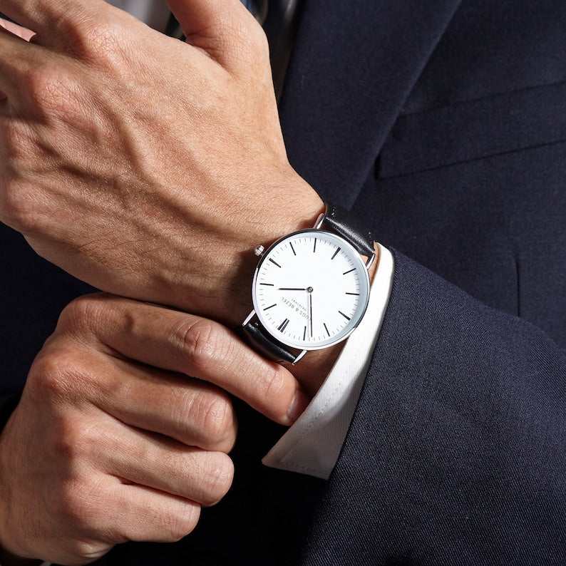 Stainless steel watch, genuine leather strap