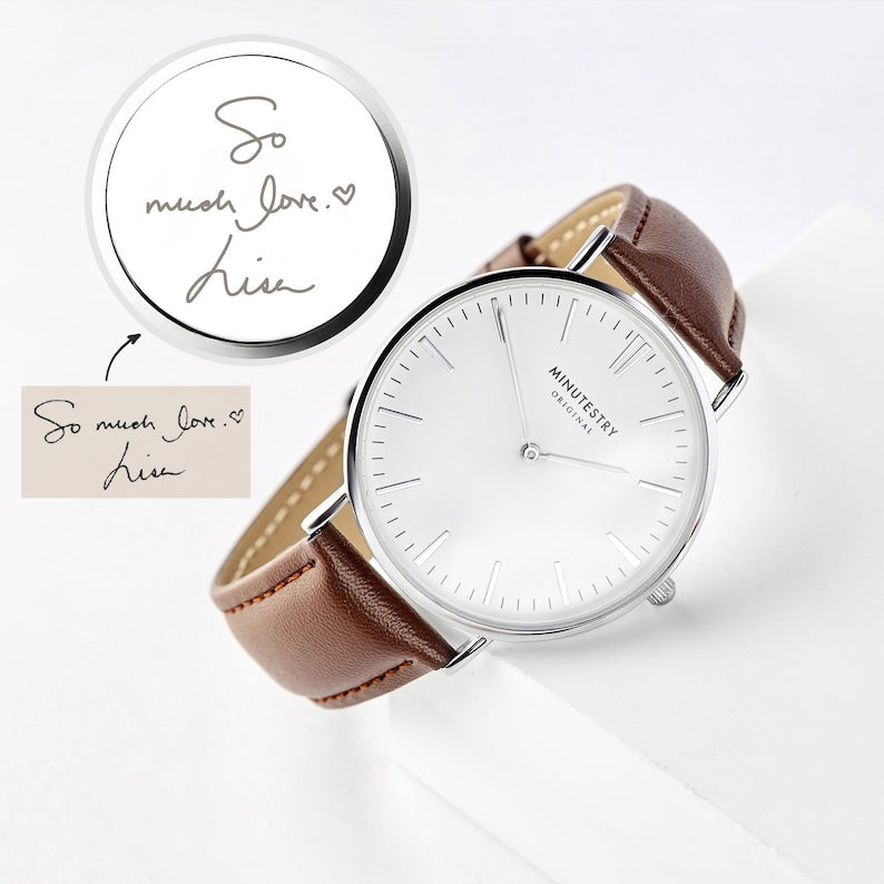 Stainless steel watch, genuine leather strap